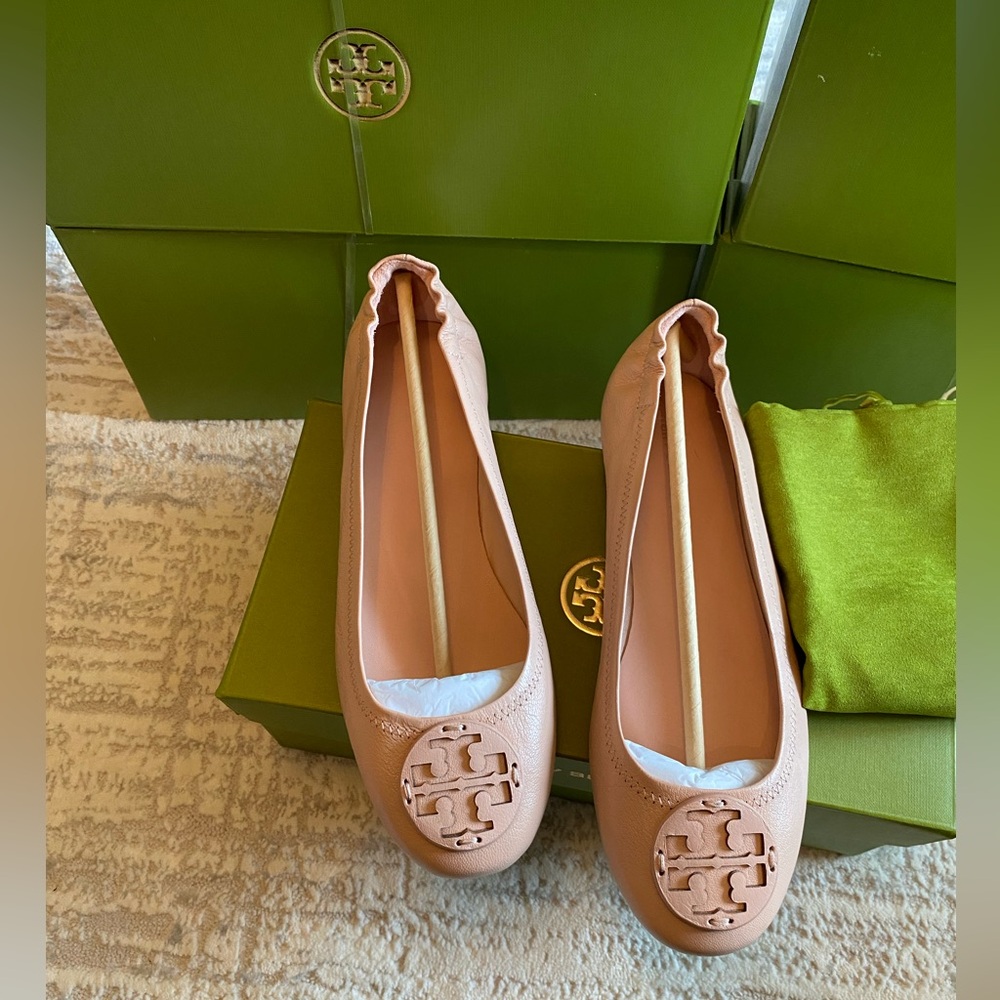 Tory Burch Pink Tan Leather Logo Ballet Flats